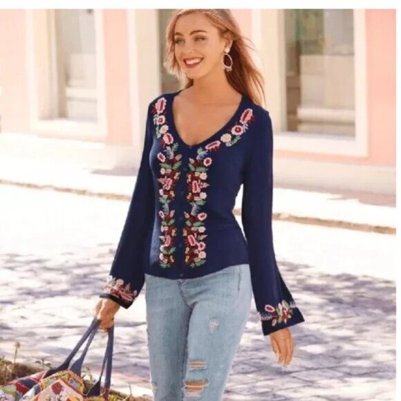 Boston Proper Floral Embroidered Flared Sleeves Cardigan - Picture 5 of 7